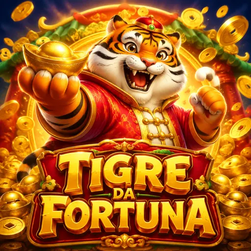 Tigre dourado do Fortune Tiger com rolos vermelhos ao fundo